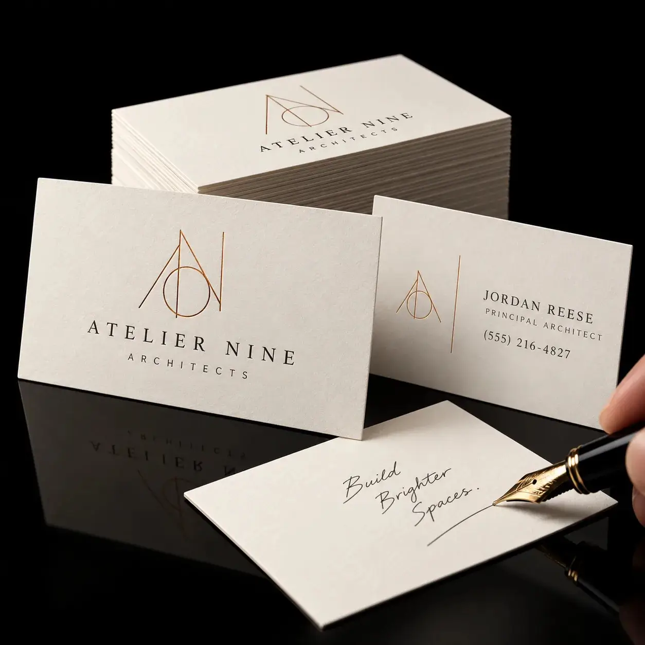 Premium business cards with Spot UV foil accents and rounded corner finishing