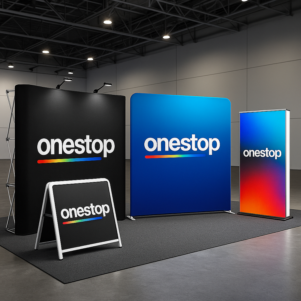 10ft straight tension fabric backdrop with 3ft SEG stand—premium trade show displays by OneStop Tampa
