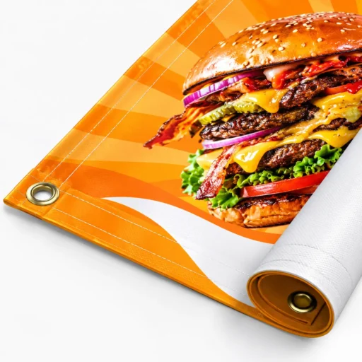 Custom 13 oz matte vinyl banner printed in Tampa with full-color graphics and brass grommets