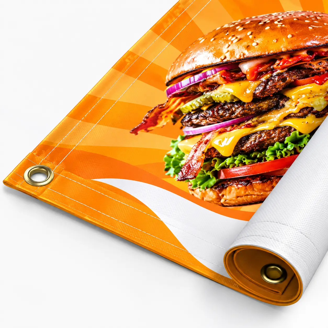 Custom 13 oz matte vinyl banner printed in Tampa with full-color graphics and brass grommets