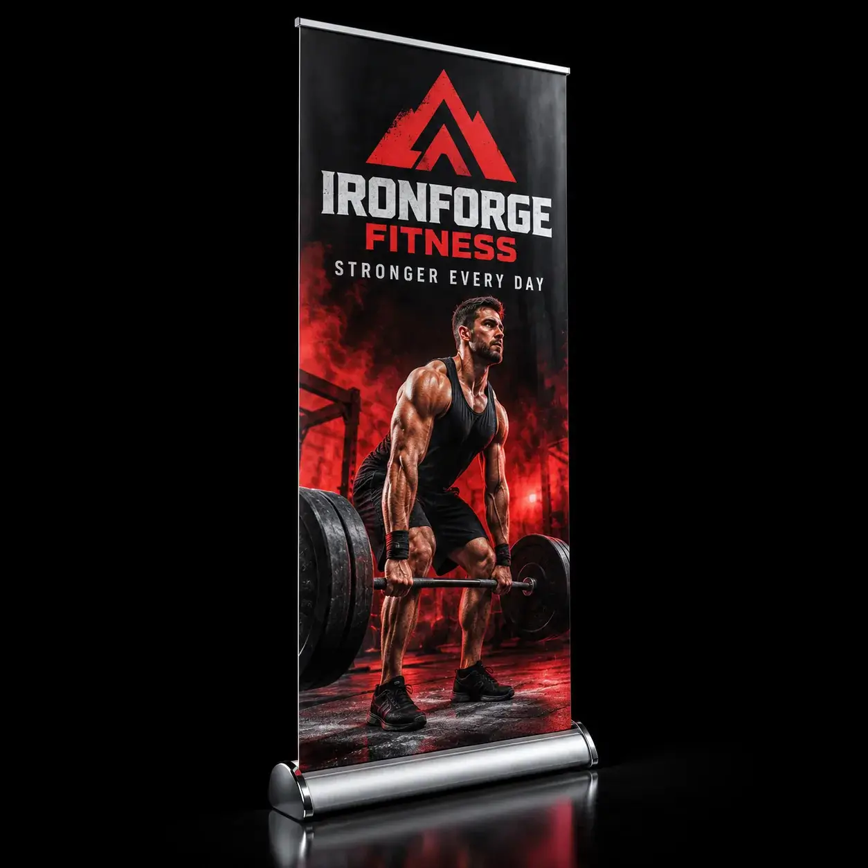 Portable retractable banner stand with compact aluminum base for indoor events