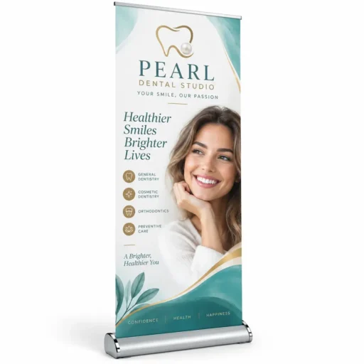 Standard retractable banner printed in Tampa with a portable aluminum display stand