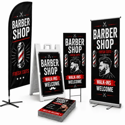 Barber shop starter marketing package in Tampa with a feather flag, A-frame sign, yard signs, retractable banner, and flyers