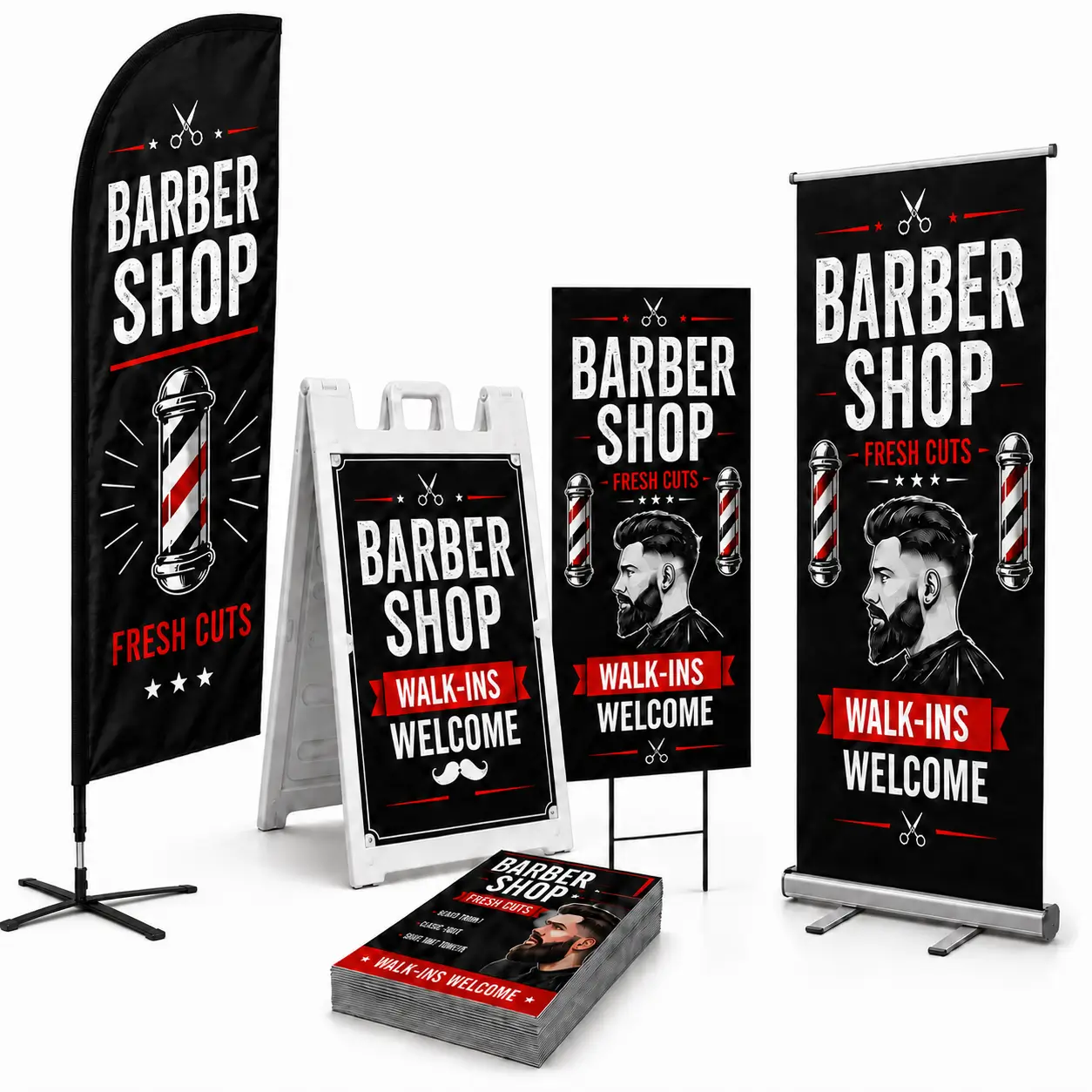 Barber shop starter marketing package in Tampa with a feather flag, A-frame sign, yard signs, retractable banner, and flyers
