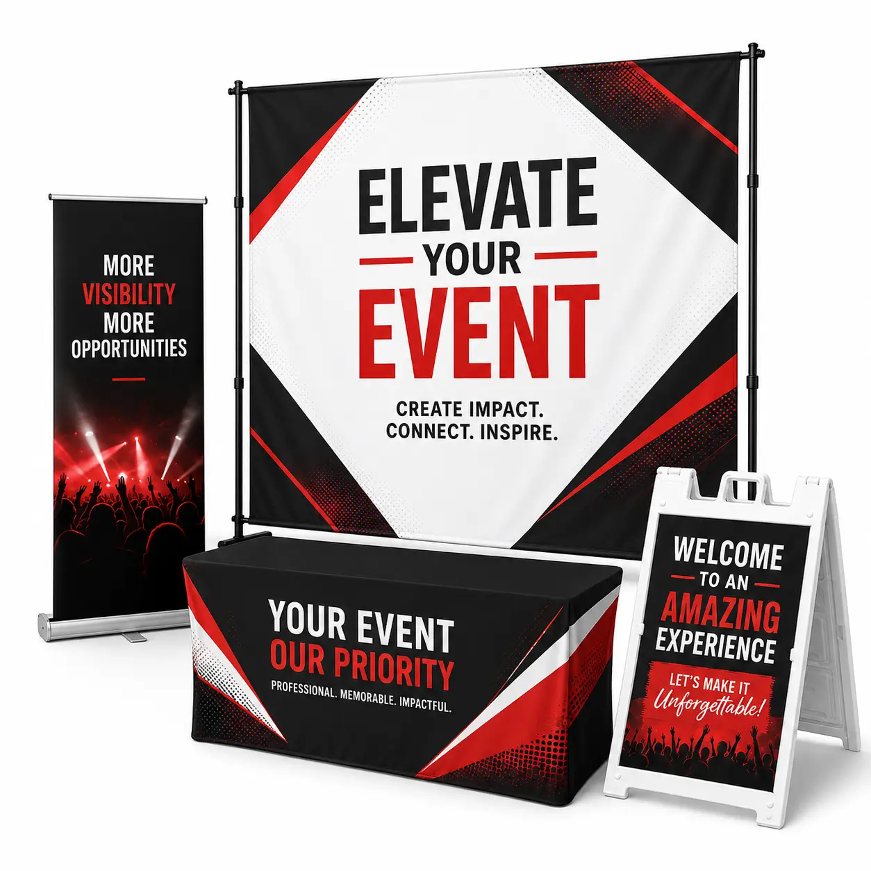 Professional event display package in Tampa with two retractable banners, an 8 × 8 backdrop, branded table cover, and A-frame sign