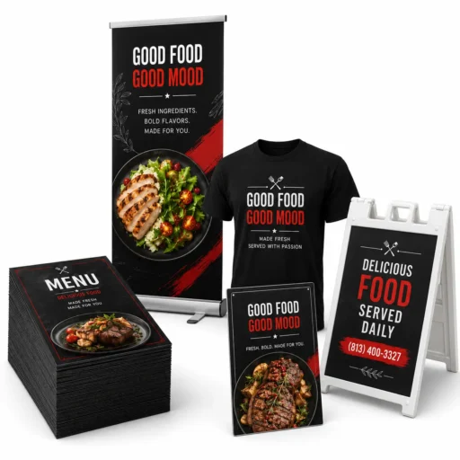 Restaurant marketing package in Tampa with custom menus, printed staff T-shirts, retractable banners, an A-frame sidewalk sign, and an acrylic sign