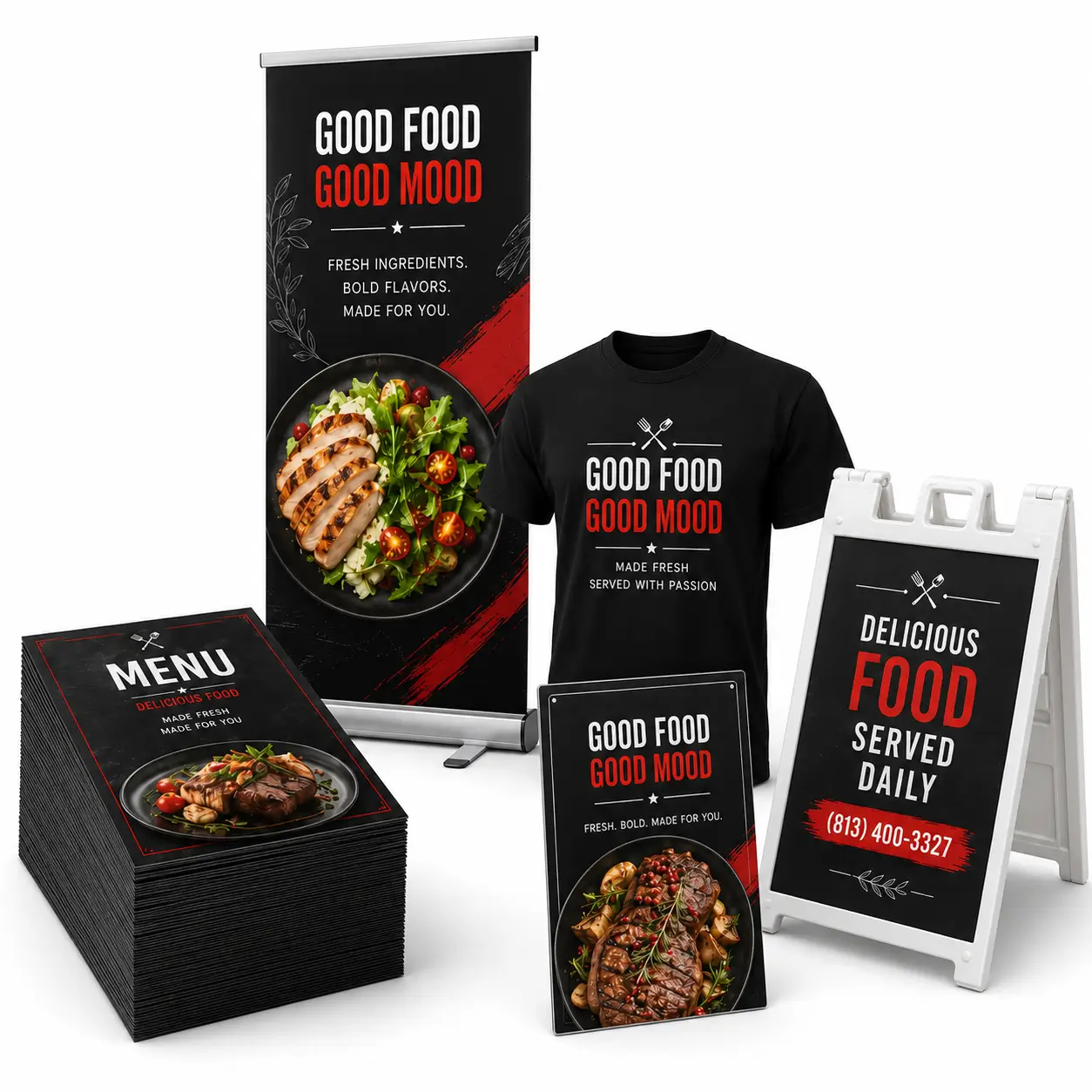 Restaurant marketing package in Tampa with custom menus, printed staff T-shirts, retractable banners, an A-frame sidewalk sign, and an acrylic sign