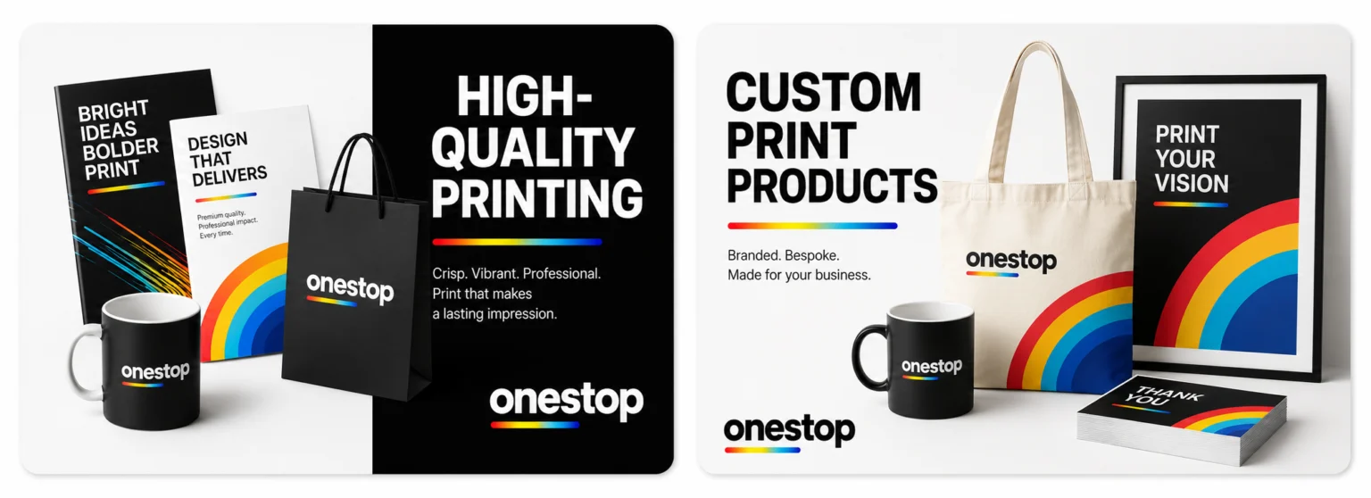 OneStop Design & Print branding with custom banners, signs, business cards, stickers, and retractable displays in Tampa