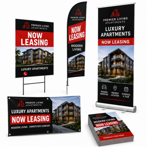 Apartment leasing marketing package in Tampa with Coroplast yard signs, vinyl banner, feather flags, retractable display, and flyers