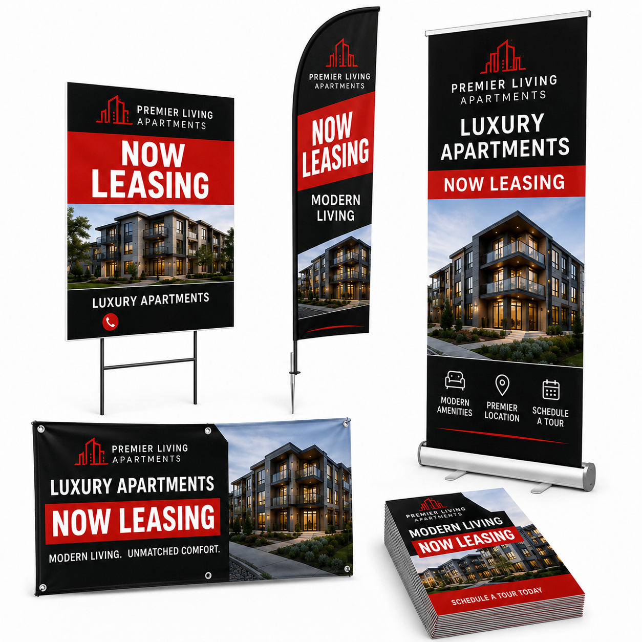 Apartment leasing marketing package in Tampa with Coroplast yard signs, vinyl banner, feather flags, retractable display, and flyers