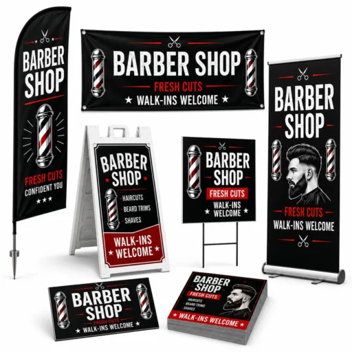 Barber shop marketing package in Tampa with feather flags, yard signs, vinyl banner, retractable display, flyers, vehicle magnets, and an A-frame sign
