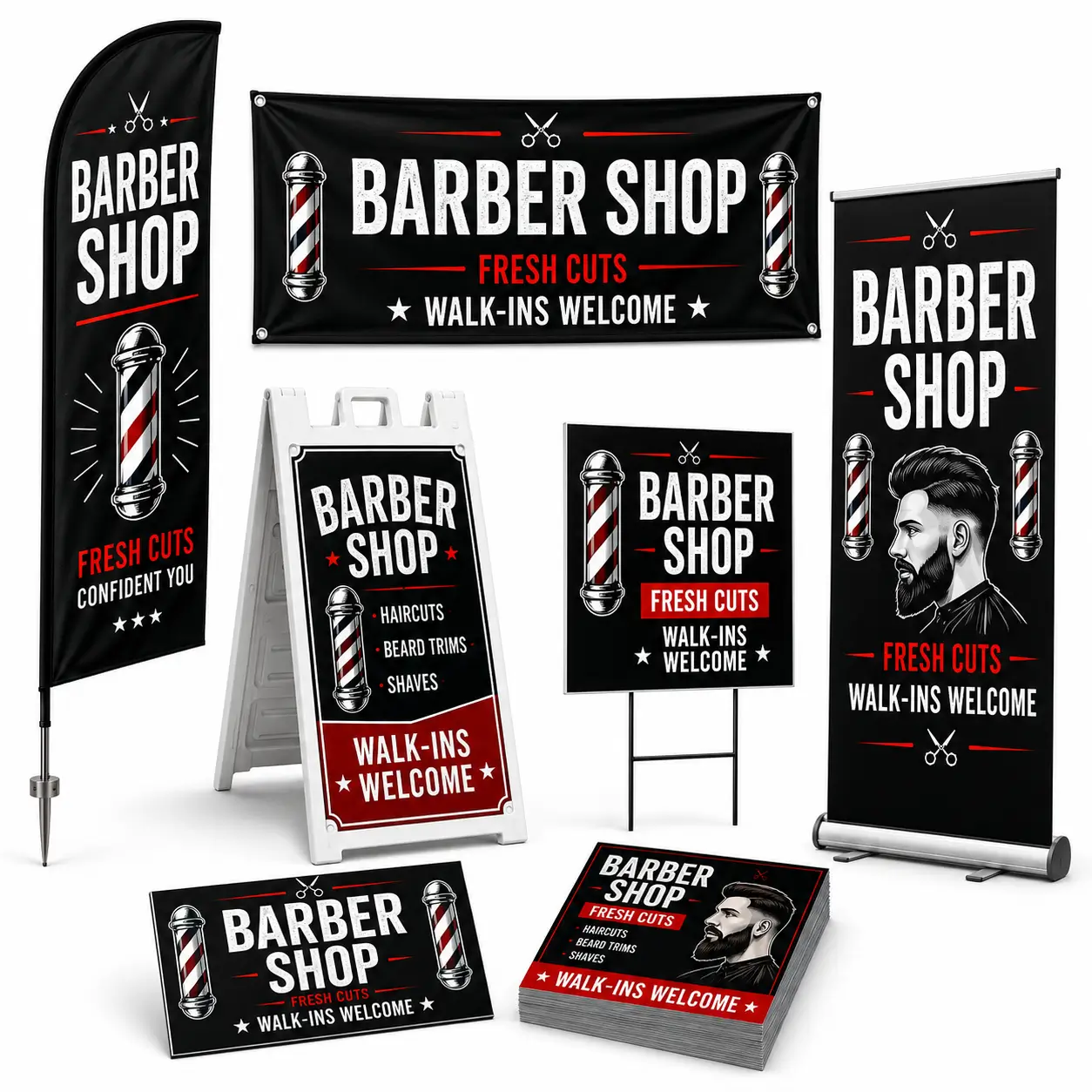 Barber shop marketing package in Tampa with feather flags, yard signs, vinyl banner, retractable display, flyers, vehicle magnets, and an A-frame sign