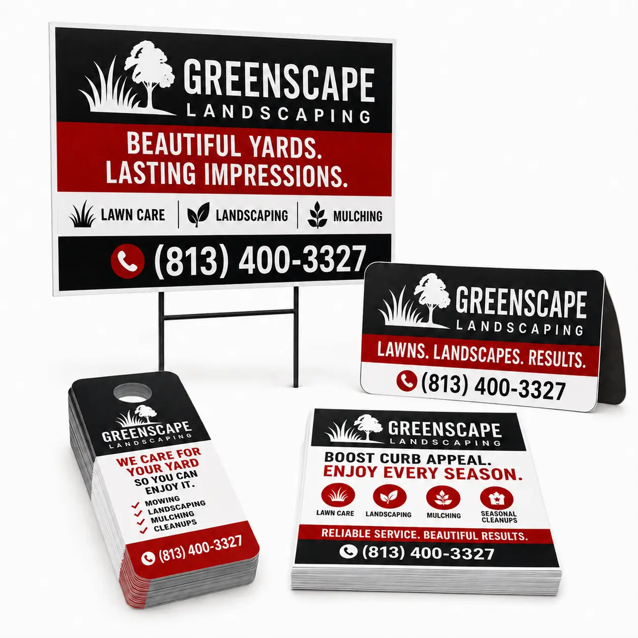 Landscaping marketing starter package in Tampa with Coroplast yard signs, vehicle magnets, paper door hangers, and full-color flyers