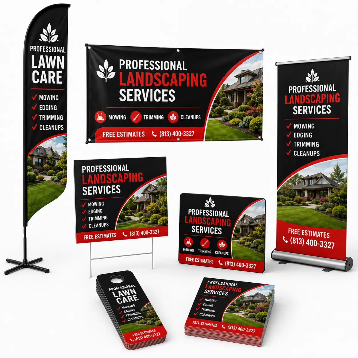A complete lawn and landscaping marketing system with neighborhood advertising, vehicle branding, outdoor displays, and customer outreach materials.