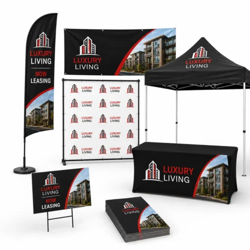 Apartment and property management branding package in Tampa with yard signs, banner, event tent, feather flags, table cover, backdrop, and flyers