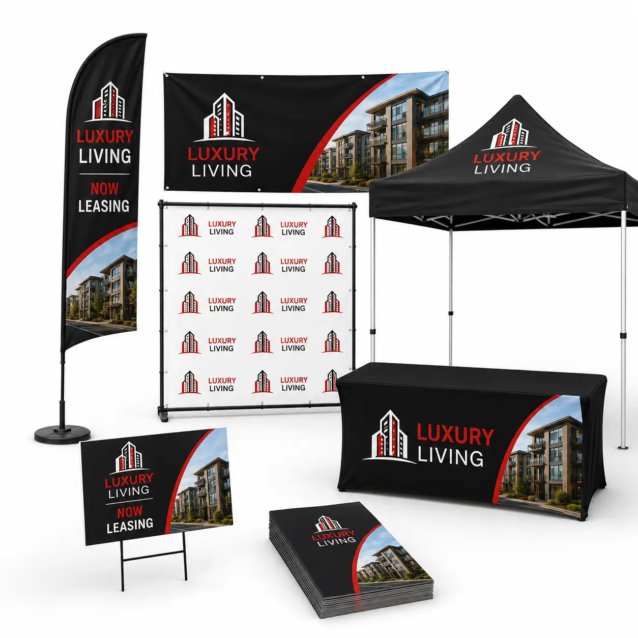Apartment and property management branding package in Tampa with yard signs, banner, event tent, feather flags, table cover, backdrop, and flyers