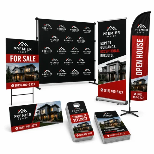 Real estate agent marketing package in Tampa with yard signs, Step and Repeat Backdrop, retractable banner, feather flag, vehicle magnets, door hangers, and flyers