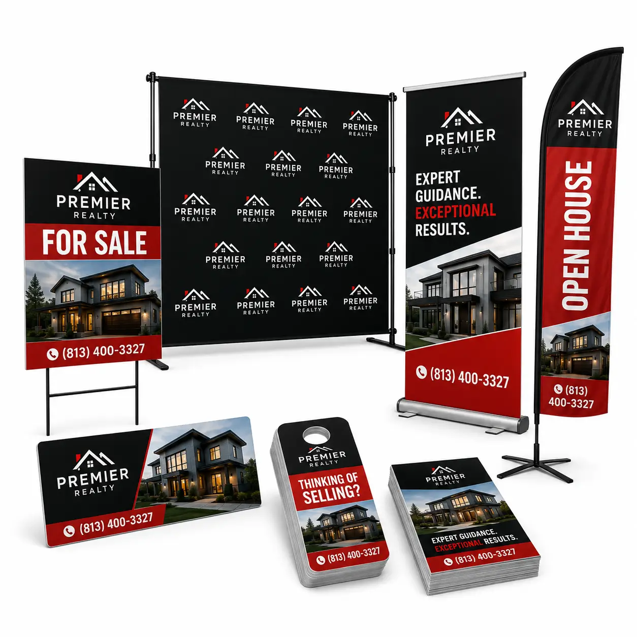 Real estate agent marketing package in Tampa with yard signs, Step and Repeat Backdrop, retractable banner, feather flag, vehicle magnets, door hangers, and flyers