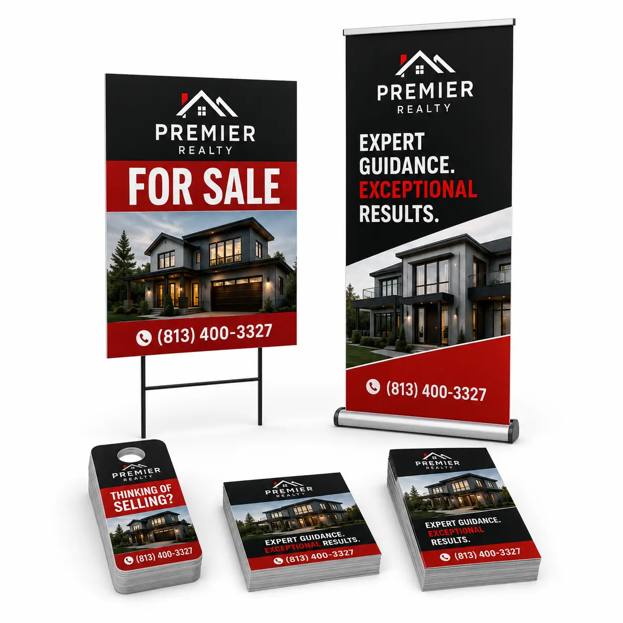 Real estate agent starter marketing package in Tampa with yard signs, a retractable banner, door hangers, postcards, and full-color flyers