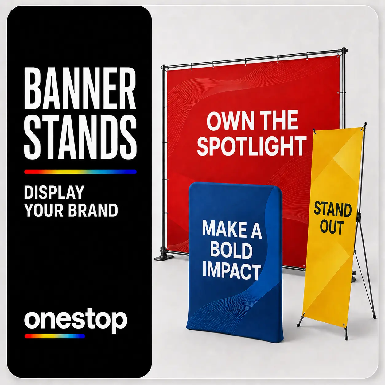 Custom banner stands, retractable displays, backdrops, tabletop banners, and fabric stands from OneStop in Tampa