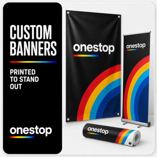 Custom vinyl banner and retractable banner stand printed by OneStop in Tampa